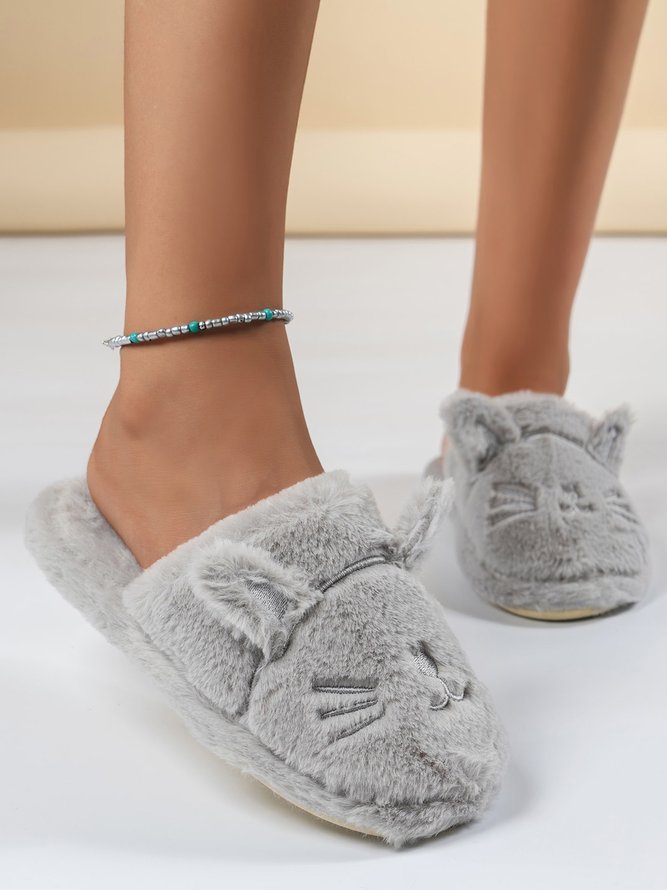 Kartoon Katze Design Stickerei Slip-On Flauschig Zuhause Pantoletten