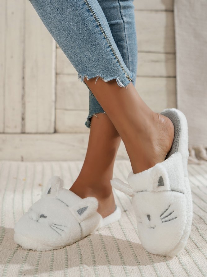 Kartoon Katze Design Stickerei Slip-On Flauschig Zuhause Pantoletten