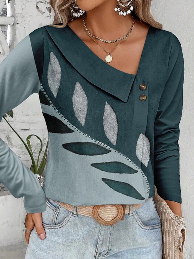 V-Ausschnitt Lässig Polyester Baumwolle T-Shirt