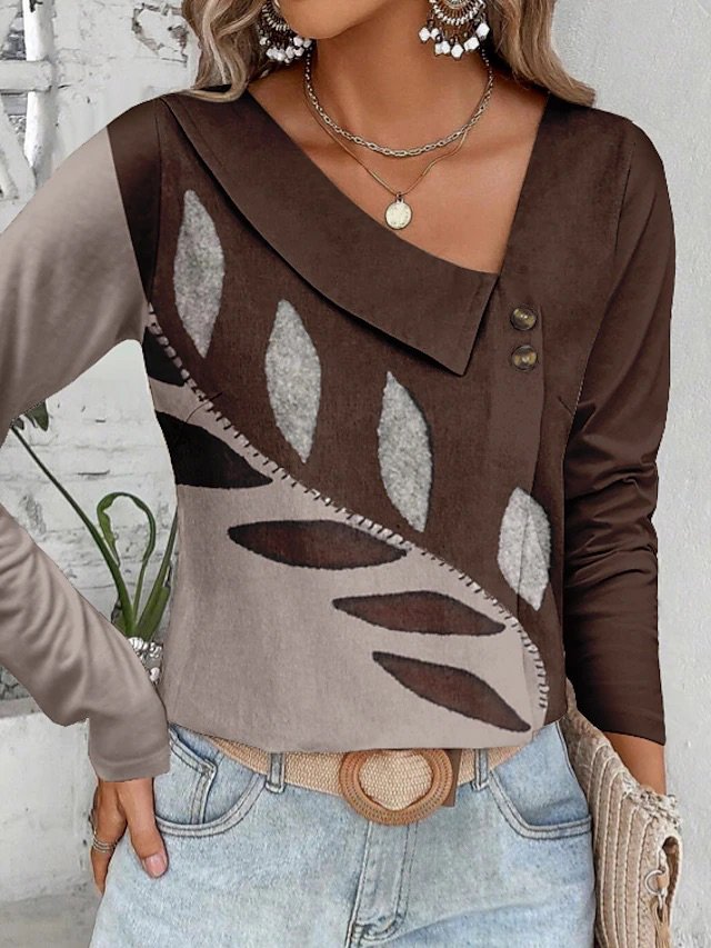 V-Ausschnitt Lässig Polyester Baumwolle T-Shirt