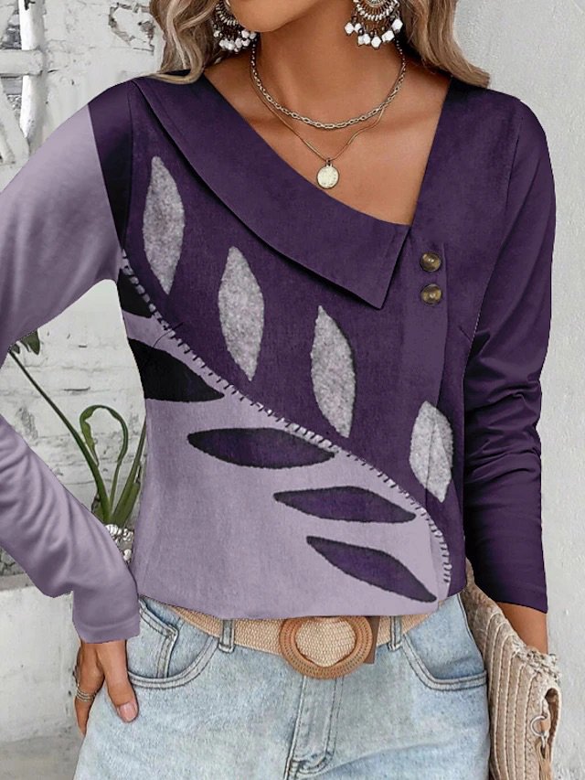 V-Ausschnitt Lässig Polyester Baumwolle T-Shirt