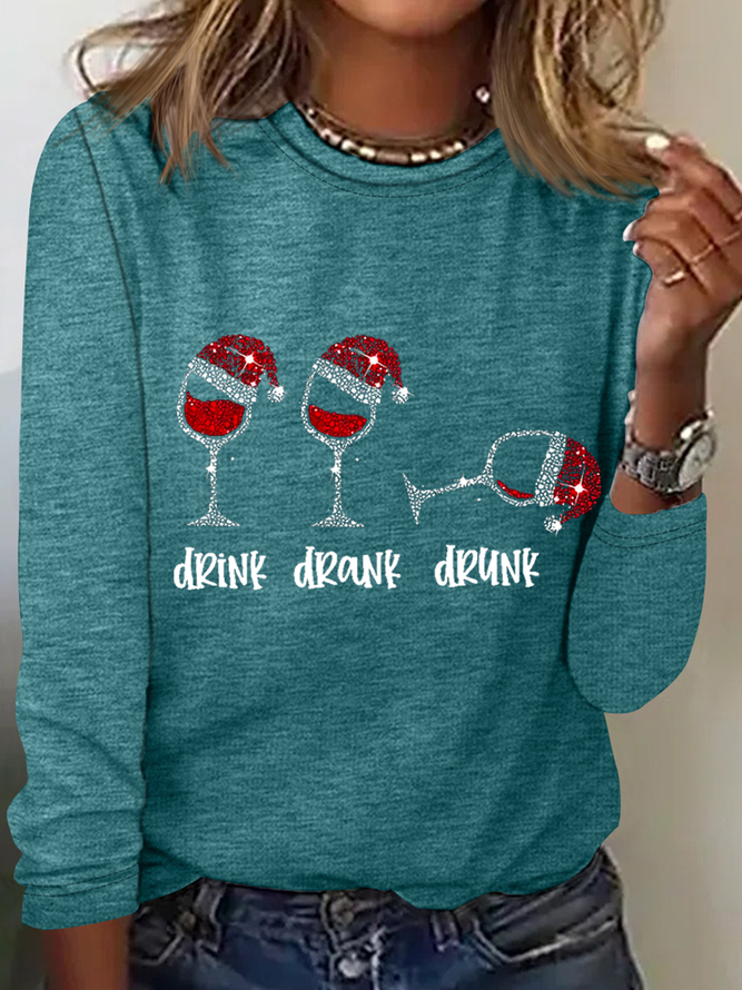 Damen Lustig Weihnachten Getränk Getrunken Betrunken Weinrot Glas Lässig Rundhals Regelmäßige Passform Bluse