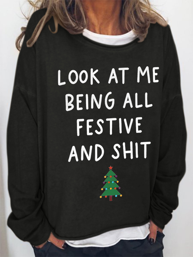 Damen Weihnachten Lässig Rundhals Baumwollmischung Sweatshirt