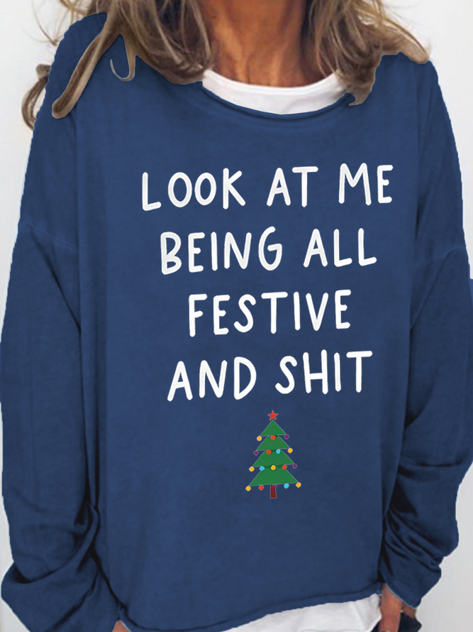 Damen Weihnachten Lässig Rundhals Baumwollmischung Sweatshirt