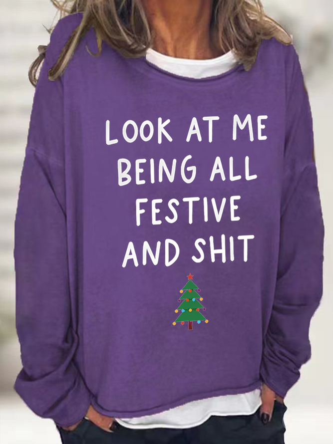 Damen Weihnachten Lässig Rundhals Baumwollmischung Sweatshirt