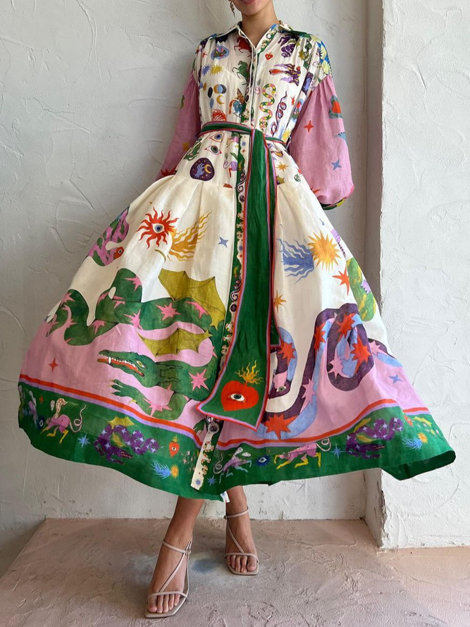 Farbblock Frühling/Herbst Urlaub Normal Weit Maxikleid Langarm H-Linie Urlaub Kleider für Damen