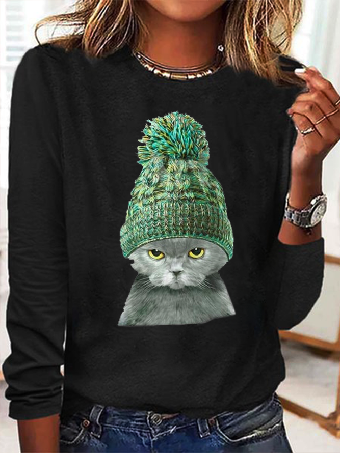 Damen Katze Print  Lässig Langarm Bluse