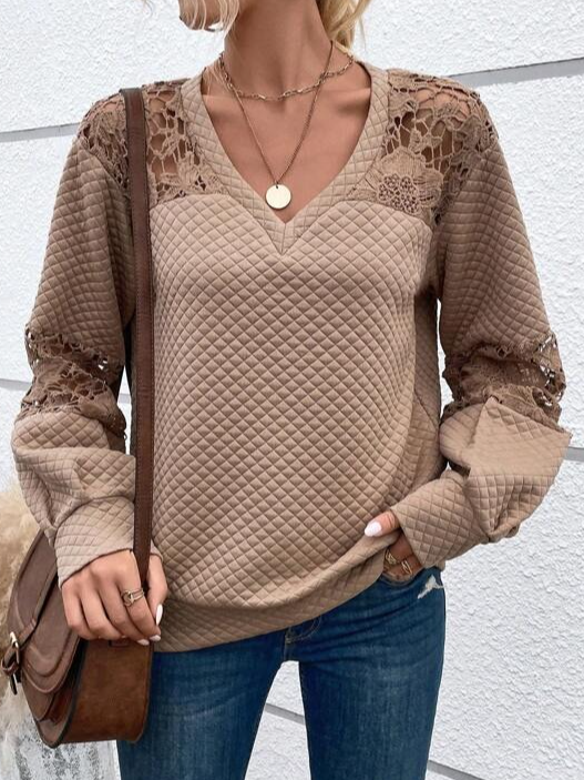 Spitze Langarm V-Ausschnitt Böhmisch Sweatshirt