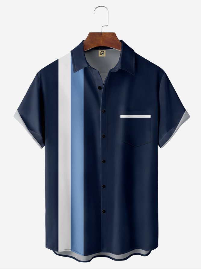 Herren Farbblock Lässig Sommer Polyester Leicht Regelmäßig H-Linie Hemdkragen Tasche Patchwork Bowling-Shirts