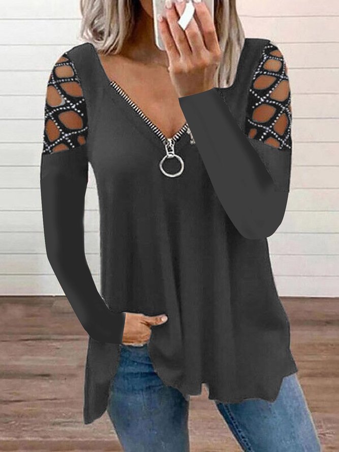 Weit Reißverschluss Lässig Unifarben T-Shirt