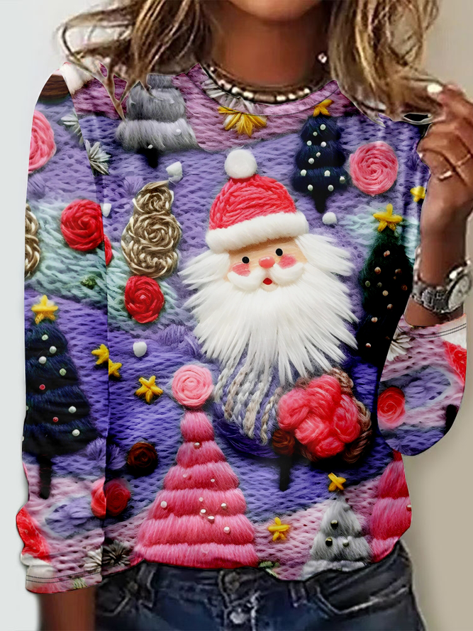 Pink Weihnachtsmann Muster Rundhals Regelmäßige Passform Lässig Langarm Print Bluse