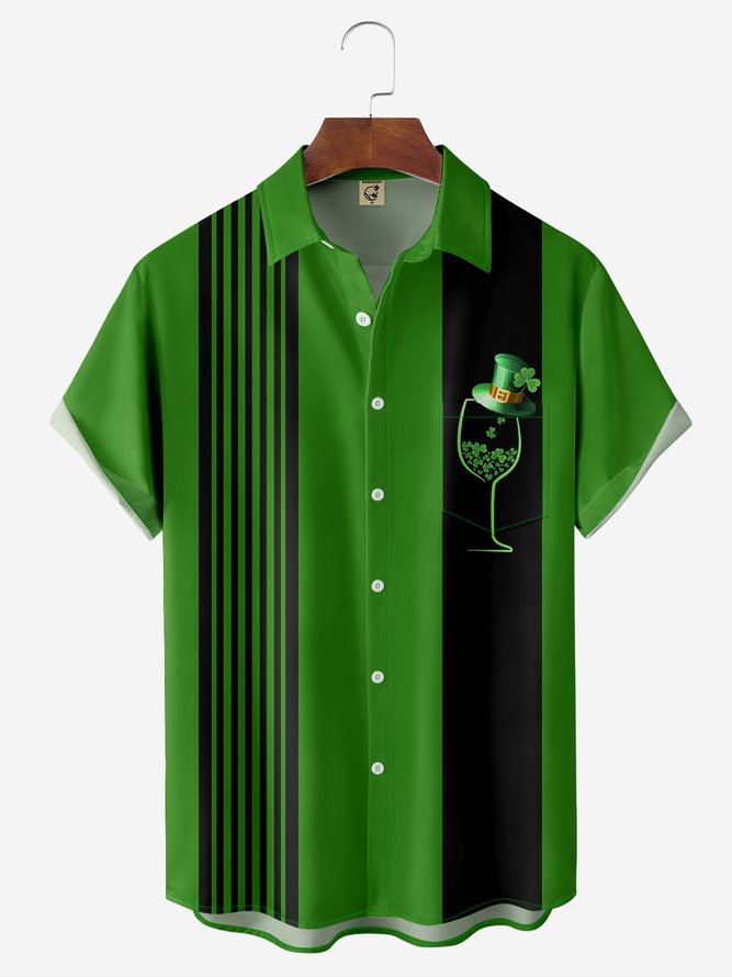 Lässig Sommer Kleeblatt Leicht Urlaub Kurzarm Regelmäßig Hemdkragen Tasche Patchwork Bowling-Shirts für Herren