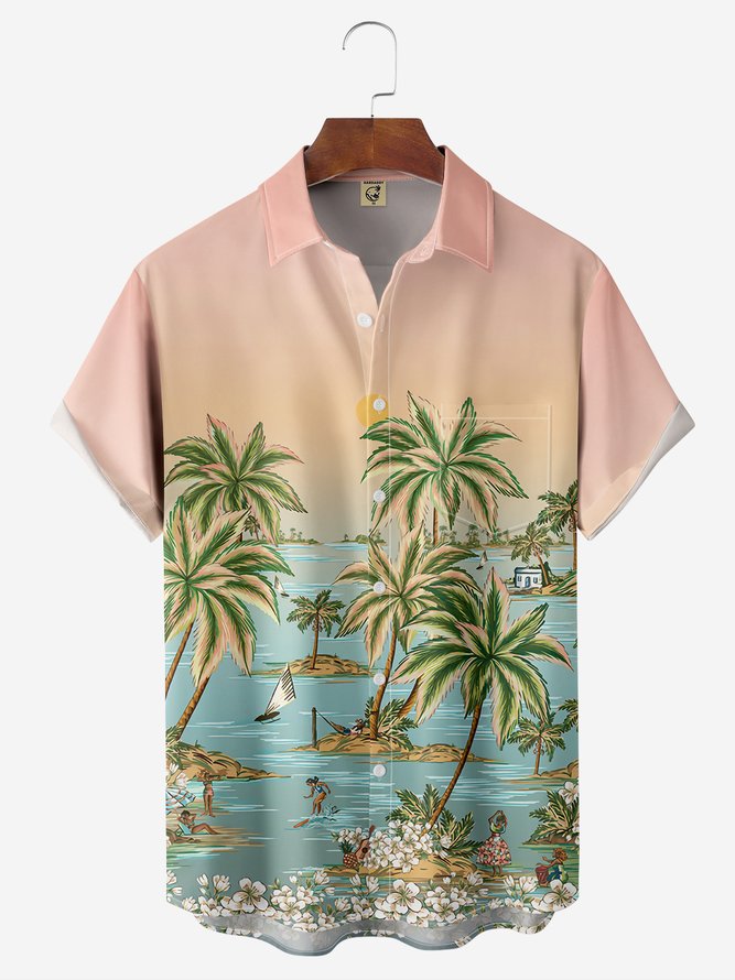 Herren Sommer Kokosnussbaum Urlaub Polyester Leicht Kurzarm Urlaub Hemdkragen Tasche Patchwork Aloha-Hemden