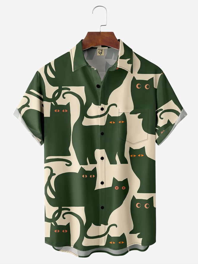 Herren Lässig Sommer Katze Leicht Mikroelastizität Weit Regelmäßig Hemdkragen Tasche Patchwork Aloha-Hemden