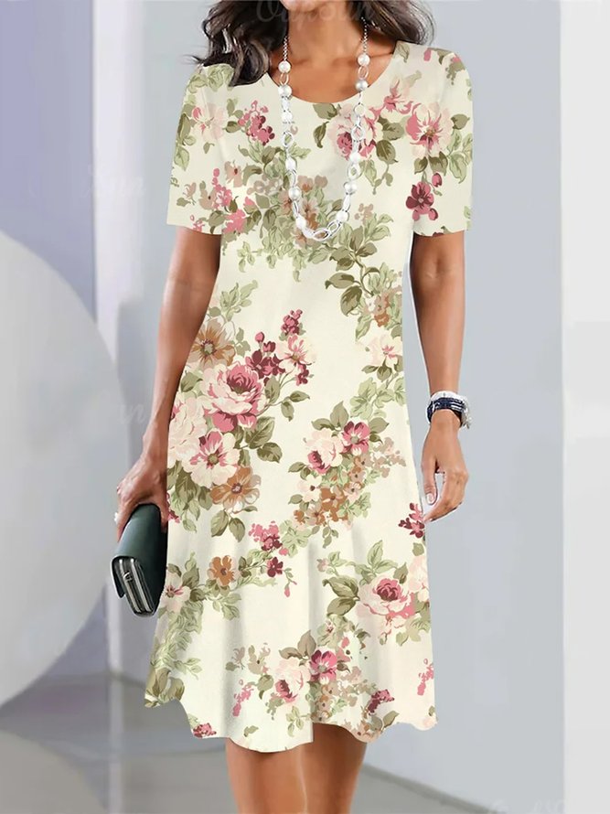 Geblümt Sommer Elegant Normal Täglich Rundhals T-Shirt-Kleid X-Linie Nein Kleider für Damen