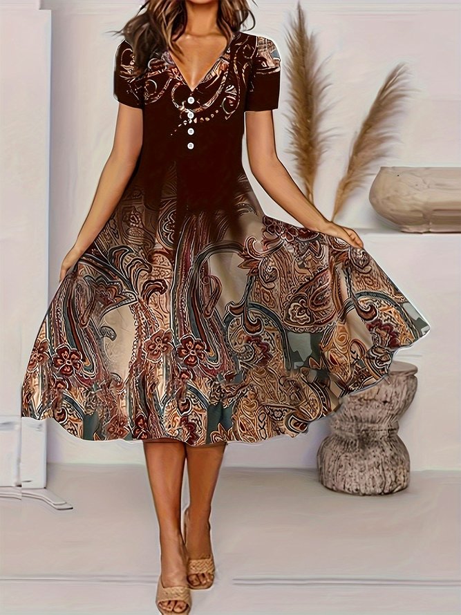 Damen Paisley Sommer Elegant V-Ausschnitt Normal Mikroelastizität Täglich X-Linie Passen & Flare Kleid Kleider