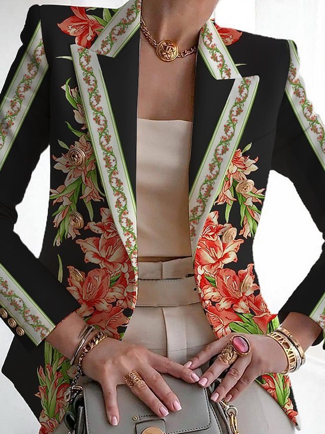 Damen Lässig Geblümt Frühling/Herbst Keine Elastizität Weit Langarm Schalkragen H-Linie Schnalle Blazer