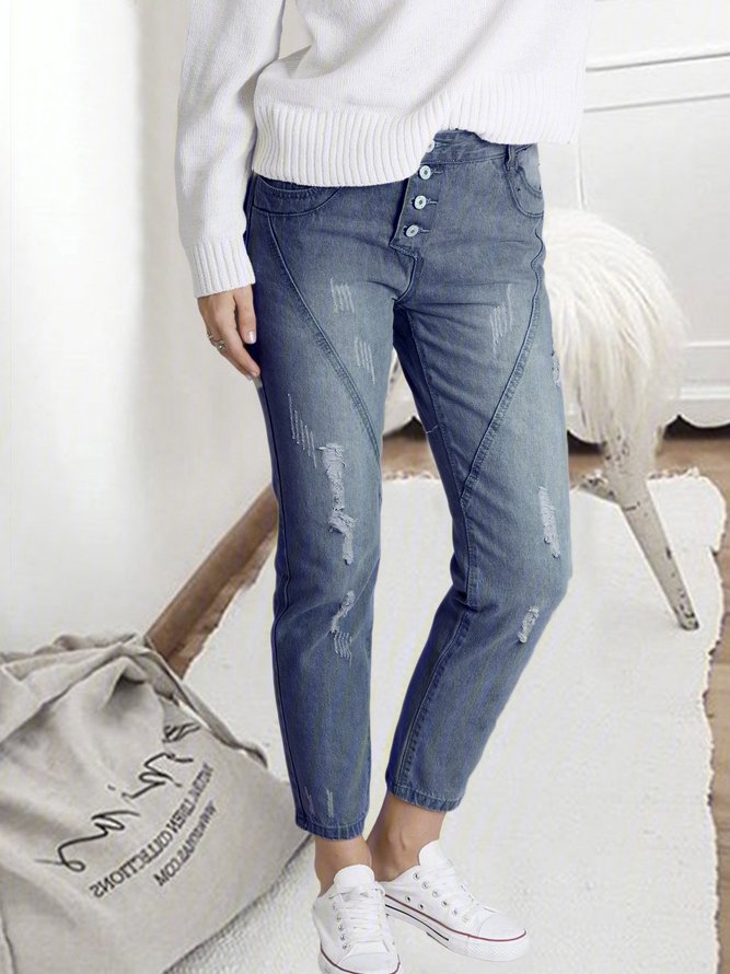 Blau Lassig Geknopfte Damen Denim Hosen Patchwork Unterteile Blau Geknopfte Denim Damen Patchwork Casual Hosen Modetalente