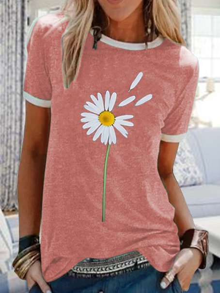 Rundhals Lässig Gänseblümchen Print kurzärmelig T-Shirt
