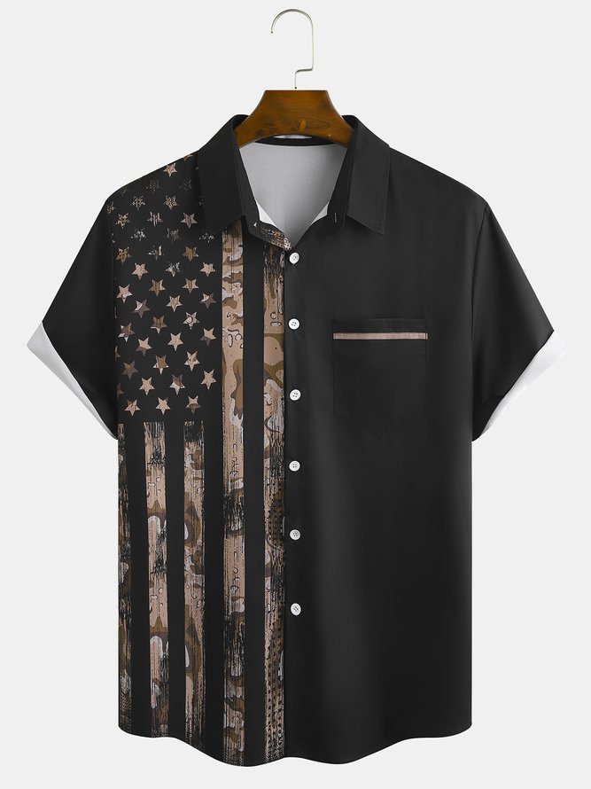 Herren amerikanisch Flagge Print Revers Weit Kurzarm Modisch Hawaiische Bluse