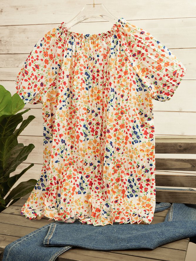V-Ausschnitt Kurzarm Bluse mit Blumenmuster