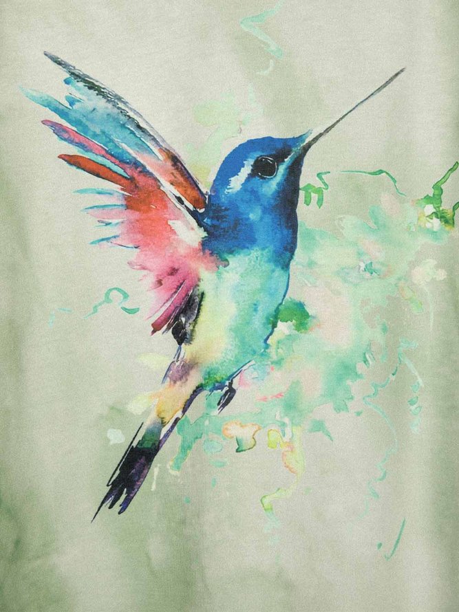 Vogel Print V-Ausschnitt Baumwollgemisch Kurzarm T-Shirts