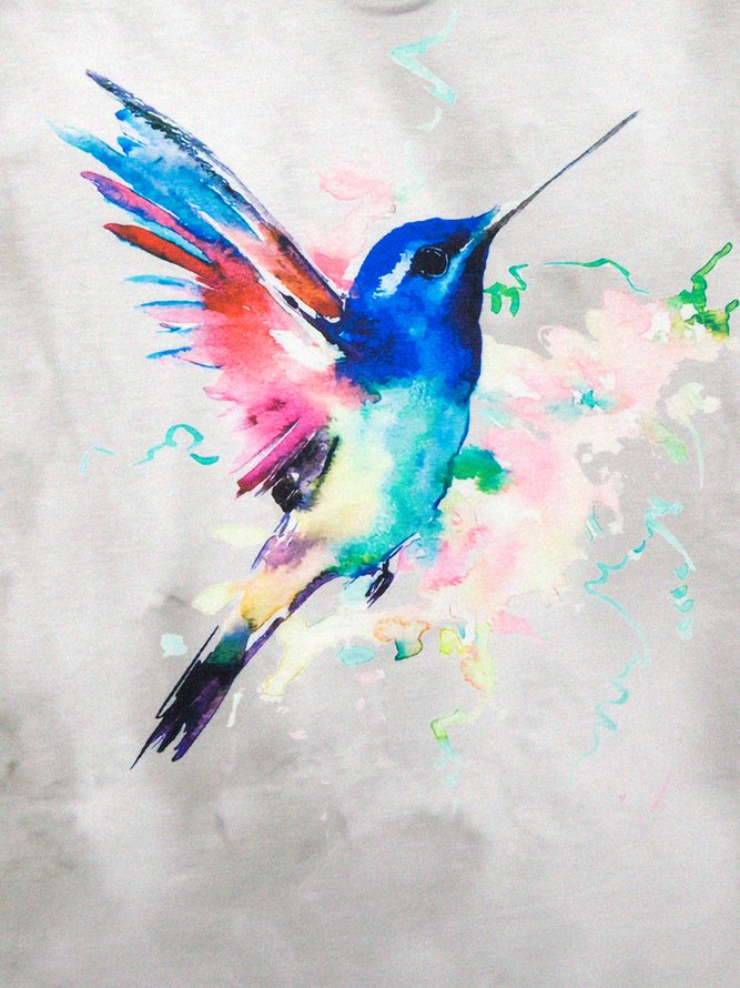 Vogel Print V-Ausschnitt Baumwollgemisch Kurzarm T-Shirts