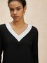 Schwarz und Weiß Farbblock Baumwolle Lässig V-Ausschnitt T-Shirt