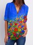 Geblümt  Kurzarm  Print  Polyester  V-Ausschnitt Lässig  Sommer  Blau Bluse