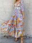 Große Größen Retro Urlaub Hippie Geblümt Böhmisch V-Ausschnitt Freizeitkleid