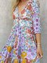 Große Größen Retro Urlaub Hippie Geblümt Böhmisch V-Ausschnitt Freizeitkleid