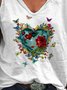 Baumwollmischung Lässig Schmetterling V-Ausschnitt T-Shirt