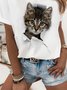 Weiß Katze Print Kurzarm Normal Normal Shirts & Blusen&Shirts