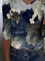 3/4 Ärmel V-Ausschnitt T-Shirt mit Print
