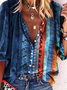 Hippie Farbblock V-Ausschnitt Halbarm Lässig Bluse