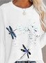 Damen Lässig Herbst Libelle Leicht Weit Standard Langarm Rundhals Regelmäßig Größe T-Shirt