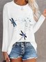 Damen Lässig Herbst Libelle Leicht Weit Standard Langarm Rundhals Regelmäßig Größe T-Shirt
