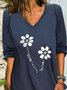 Damen Lässig Geblümt Herbst V-Ausschnitt Mikroelastizität Täglich Weit Jersey Regelmäßig Größe T-Shirt