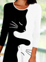 Damen Lässig Herbst Katze Mikroelastizität Jersey Rock Langarm Rundhals Regelmäßig Kleider