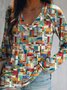 Damen Geometrisch Lässig Herbst V-Ausschnitt Mikroelastizität Weit Jersey Langarm H-Linie T-Shirt