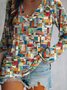Damen Geometrisch Lässig Herbst V-Ausschnitt Mikroelastizität Weit Jersey Langarm H-Linie T-Shirt