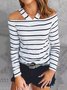 Gestreift Lässig Herbst Leicht Mikroelastizität Täglich Jersey Schulterfrei Regelmäßig T-Shirt für Damen