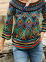 Geometrisch Retro Herbst Täglich Weit 3/4 Ärmel Rundhals H-Linie Regelmäßig Größe Pullover für Damen