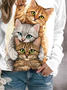 Weit Rundhals Katze Print  Lässig Sweatshirt