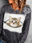 Weit Katze Print Rundhals Lässig Sweatshirt