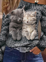 Lässig Katze Off-Shoulder-Ärmel Regelmäßige Passform Carmen Oberteile