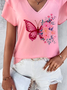 Schmetterling V-Ausschnitt Lässig Weit T-Shirt