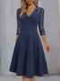 Lässig Unifarben Spitze V-Ausschnitt Kleid