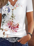 V-Ausschnitt Patchwork Spitze Jersey Lässig Blumenmuster Bluse