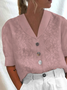 Damen Baumwolle Leinen Spitze Revers Button Down Kurzarm Bluse